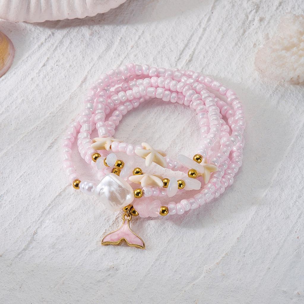 Boho Mermaid Tail Beaded Bracelet Set for Women Irregular Stone Starfish Imitation Pearl Elastic Bracelets Vacation Jewelry Gift