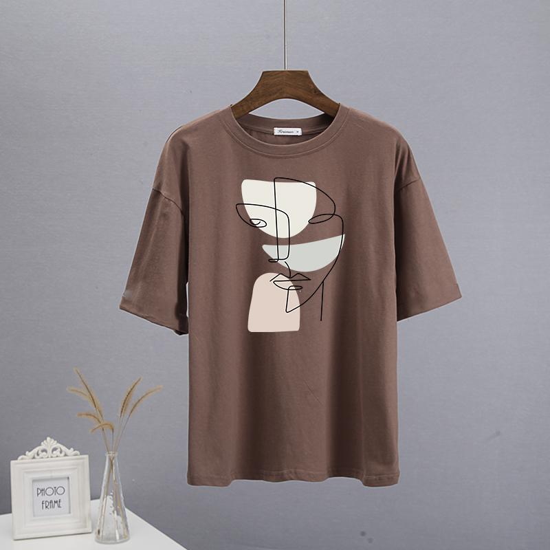 

Hirsionsan футболка с абстрактным принтом, женские летние новые футболки большого размера из 100% хлопка, повседневные свободные эстетичные футболки, топы с круглым вырезом, 2023 M коричневый