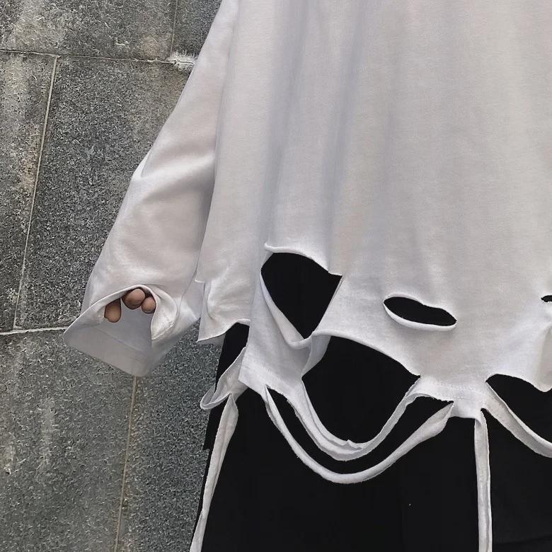 Unisex Loose Fit Long Sleeve T-Shirt with Distressed Hem and Solid Color