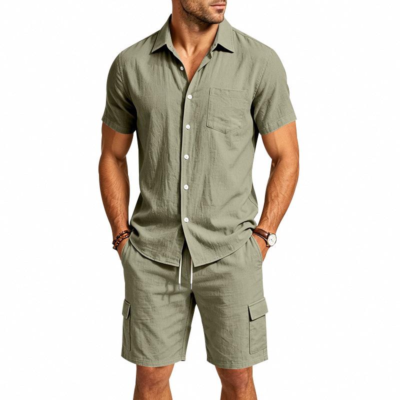Men's Summer Linen Lapel Casual Shirt & Shorts Set: Breathable Cotton Two-Piece Workwear