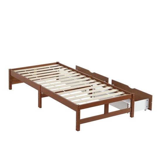 Children Bed, Flat Bed, Wooden Bed, Vintage Wood Color, Two Drawers with Castors, Adolescents And Adults, Pine Frame, Sturdy Slatted Frame, 90x200cm