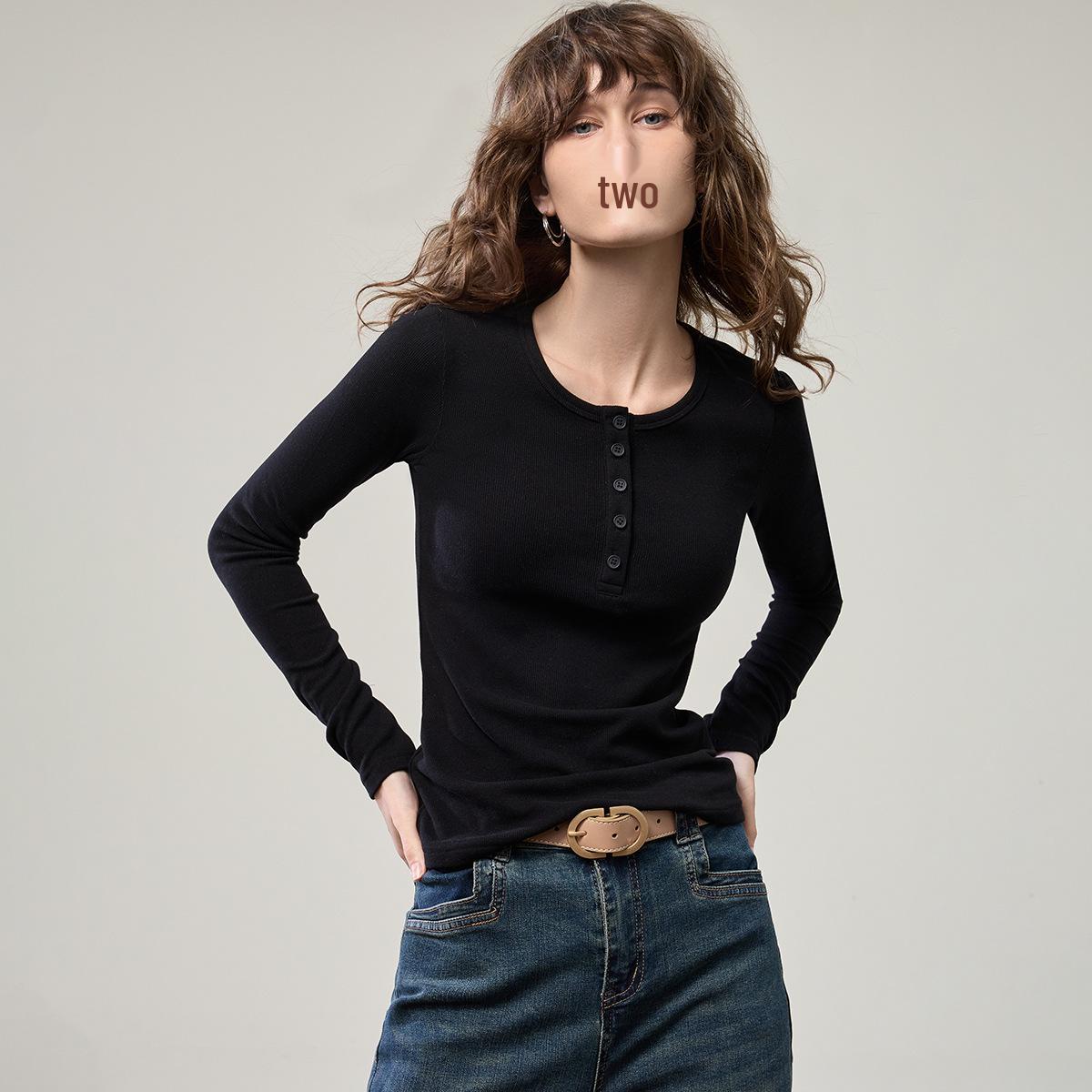 

Women s Slim-Fit Henley Collar Long-Sleeve T-Shirt - 2025 Autumn Solid Color Base Layer Medium