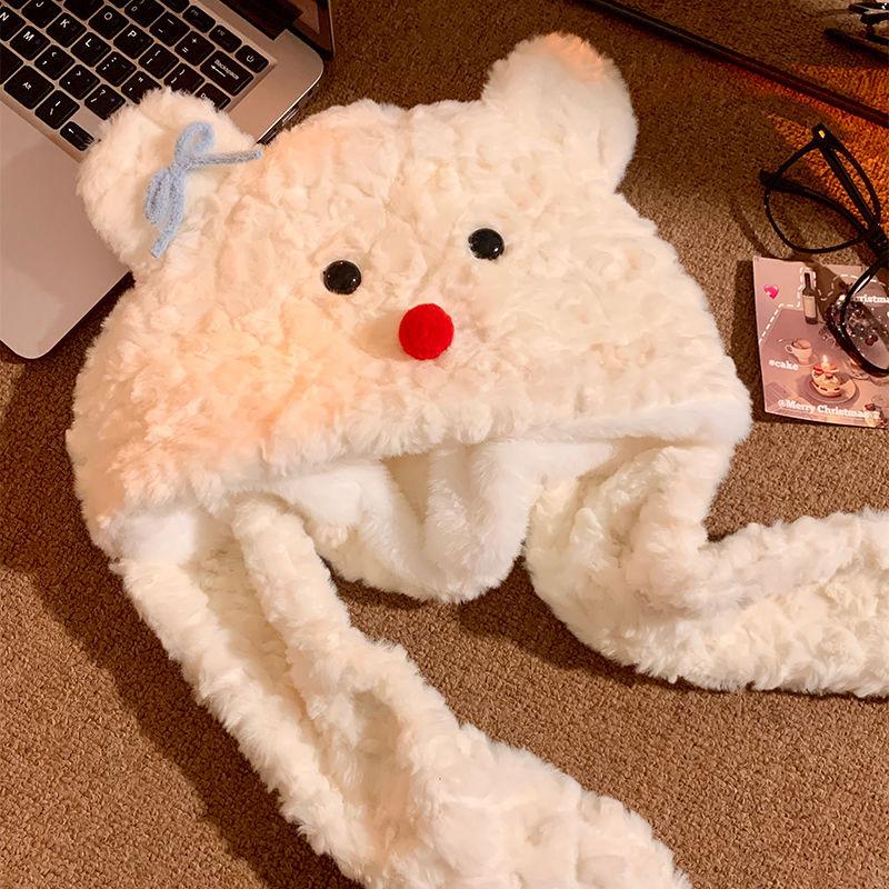 

Cute Snowman Hat With Bow Thickened Lei Feng Hat Autumn And Winter Hat Neck Warmer Ear Flap Hat Cute Pullover Hat One Size