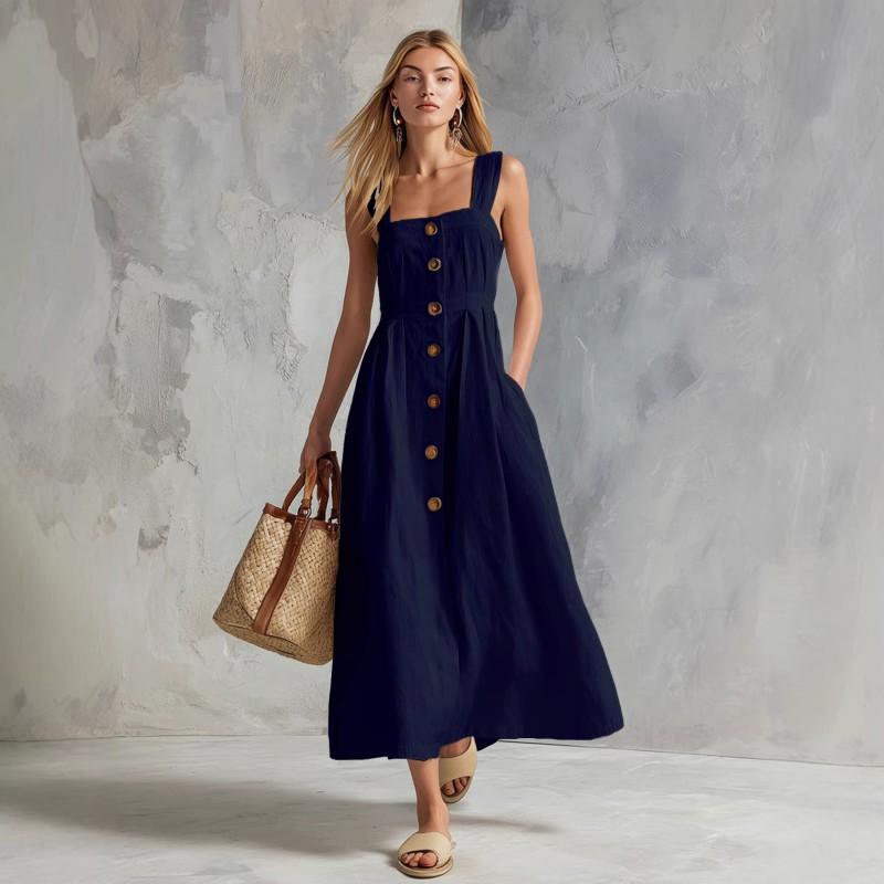 Women's Clothing 2026 Fashionable Temperament Button Strap Sleeveless Slim Dress