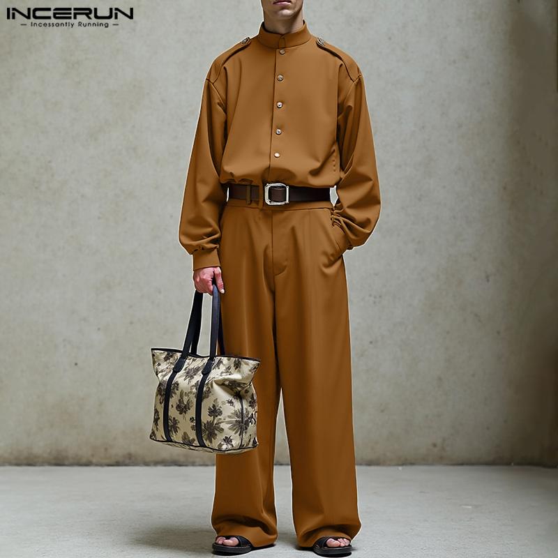 INCERUN Oversized Autumn Men Long Sleeve Shirts Long Pants Casual Two Pieces Sets Outfits