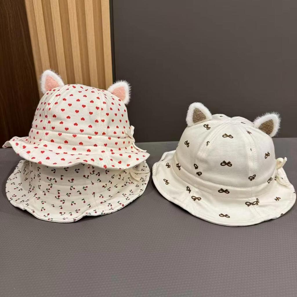 Niedlicher Blumenpunkt Schleifendruck Baby Bucket Hat mit Ohren Sommer Baumwolle Kleinkind Mädchen Fischerhut Outdoor Säugling Sonnenschutz Kappen