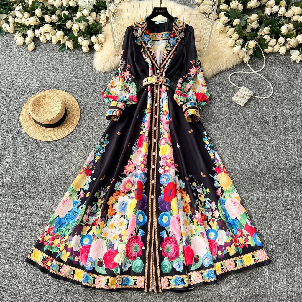 France Elegant Vintage Luxury Evening Dress Women Print  Button Long Party Dress Female Casual Chic Holiday Clothing