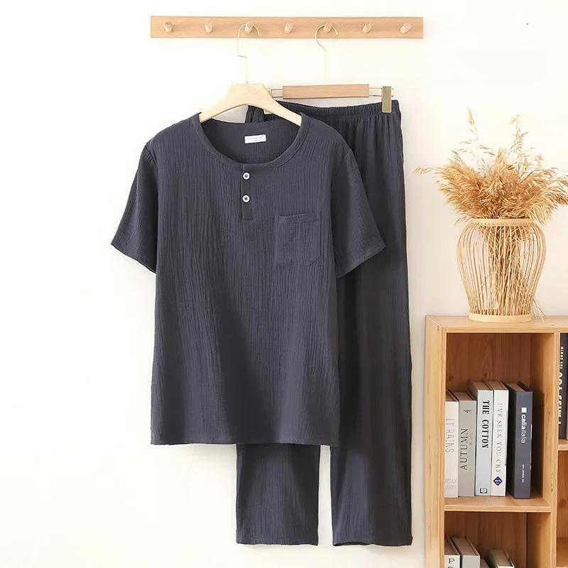 Men's Up Two Button Round Neck Pullover Tops with Pocket and Long Pants Casual Home Nightwear Men Sleepwear Set Four Seasons