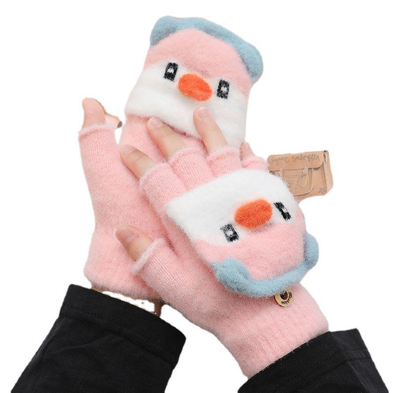 Children's New Autumn and Winter Music Penguin Half-finger Flip Jacquard Students' Fingerless Homework Knitted Heat-protecting Gloves