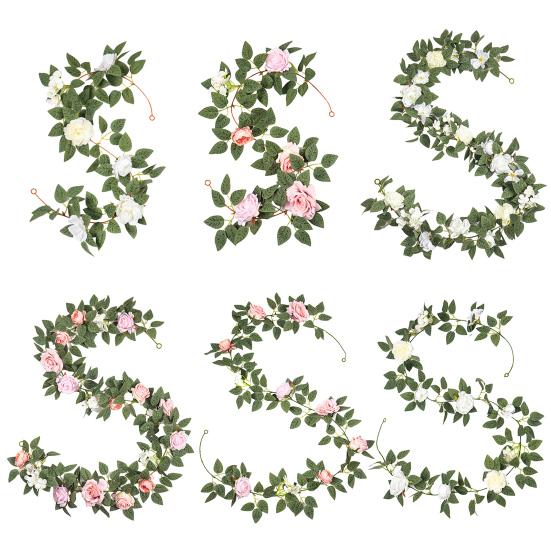 Artificial Rose Flower Garland UV Resistant Realistic Faux Flower Vine with Green Leaves Wedding Party Hanging Simulation Bloom Rattan Decoration