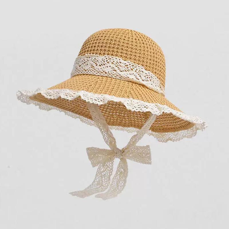 

Korean Style Floral Bow Straw Hat For Women Summer Beach Large Brim Fisherman Hat Small Face Holiday Style Sun Hat