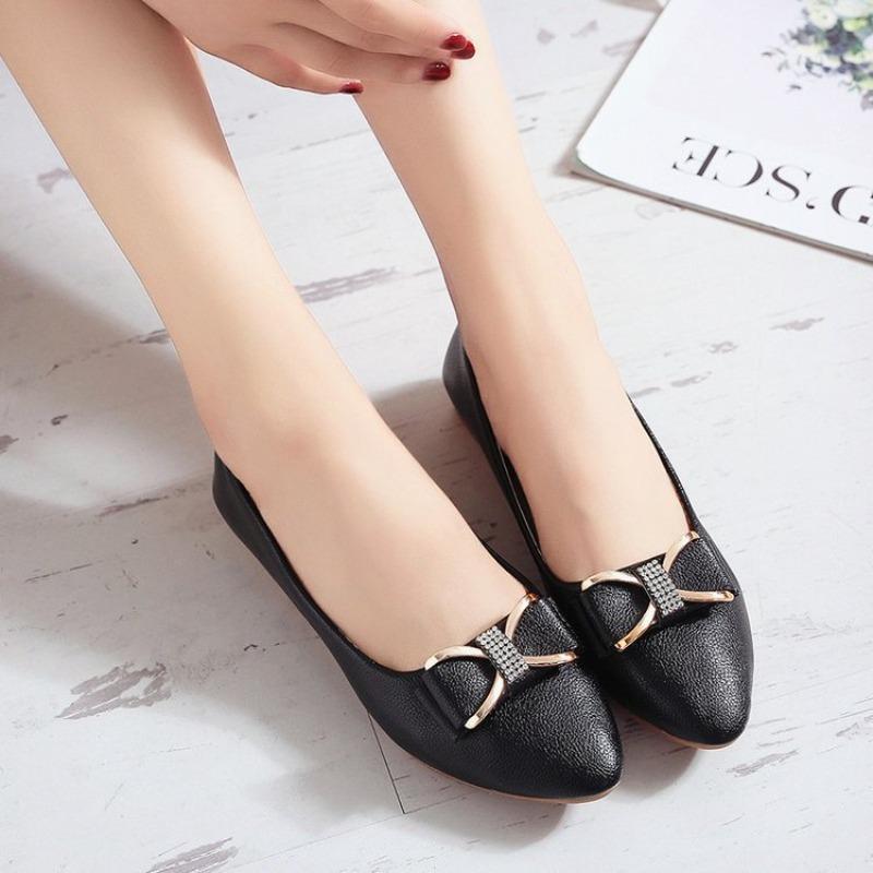 Spring Woman Flats Shoes Ballets Metal Buckle Bow Ladies Ballerina Dress Pointed Toe Slip on Loafers OL Office Casual Sapatos