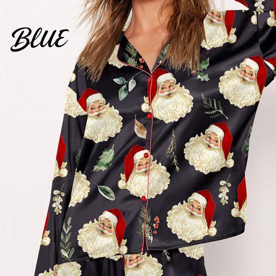 Lightweight Loungewear 2 Pcs/Set Christmas Women Pajamas Suit Satin Santa Printing Lapel Long Loose Fit