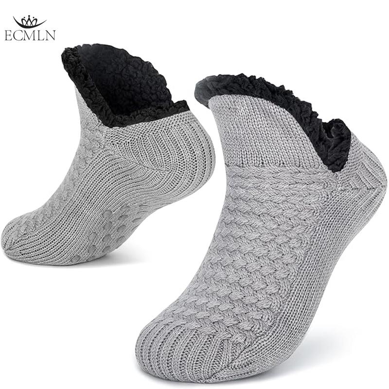 

Зимние пушистые носки-тапочки для кровати для женщин и мужчин, нескользящие вязаные носки-тапочки с толстой подкладкой, уютные 28cm серый