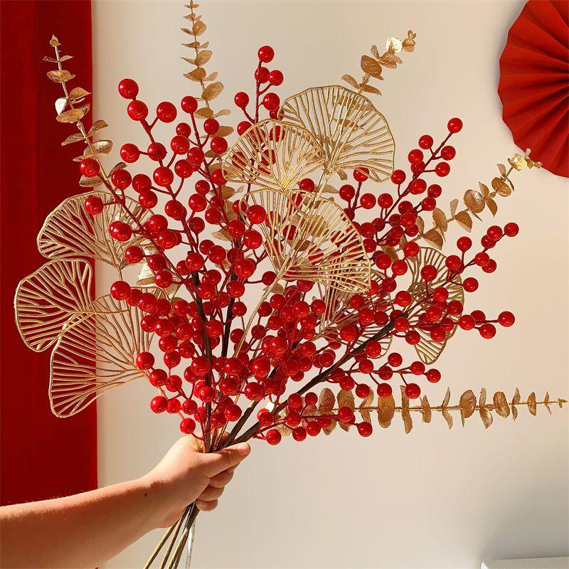 Winterberry Red Berries Artificial Flower Arrangement - New Year Housewarming Decoration for Living Room Ornaments