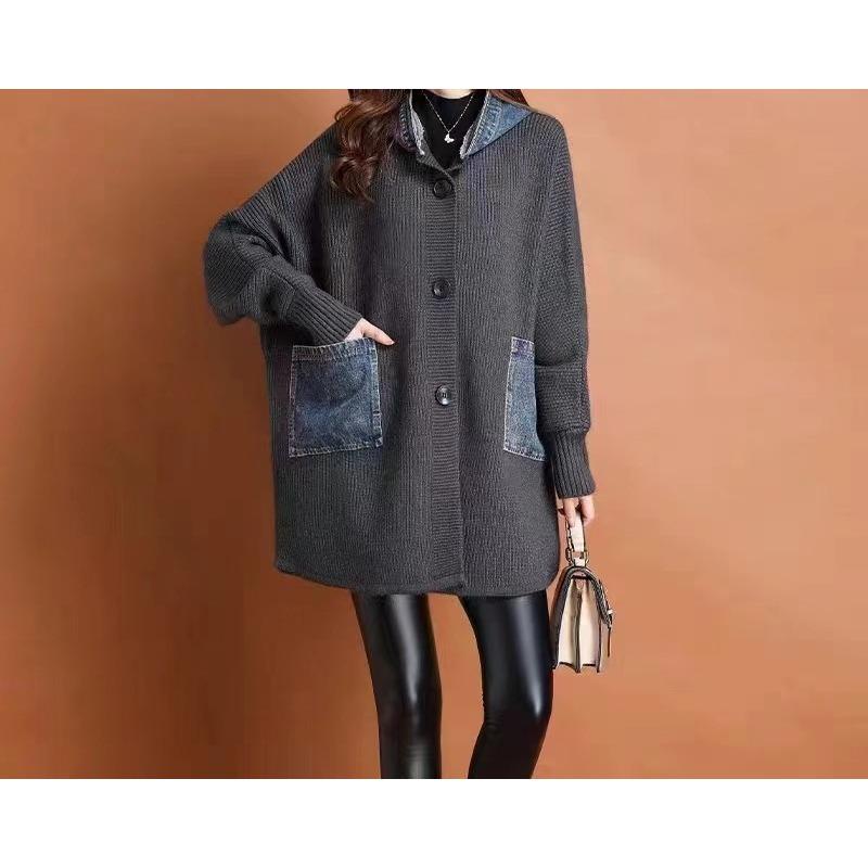 

Autumn and winter new women s clothing hooded denim splicing sweater women s knitted long-sleeved medium and long cardigan loose coat One Size чёрный