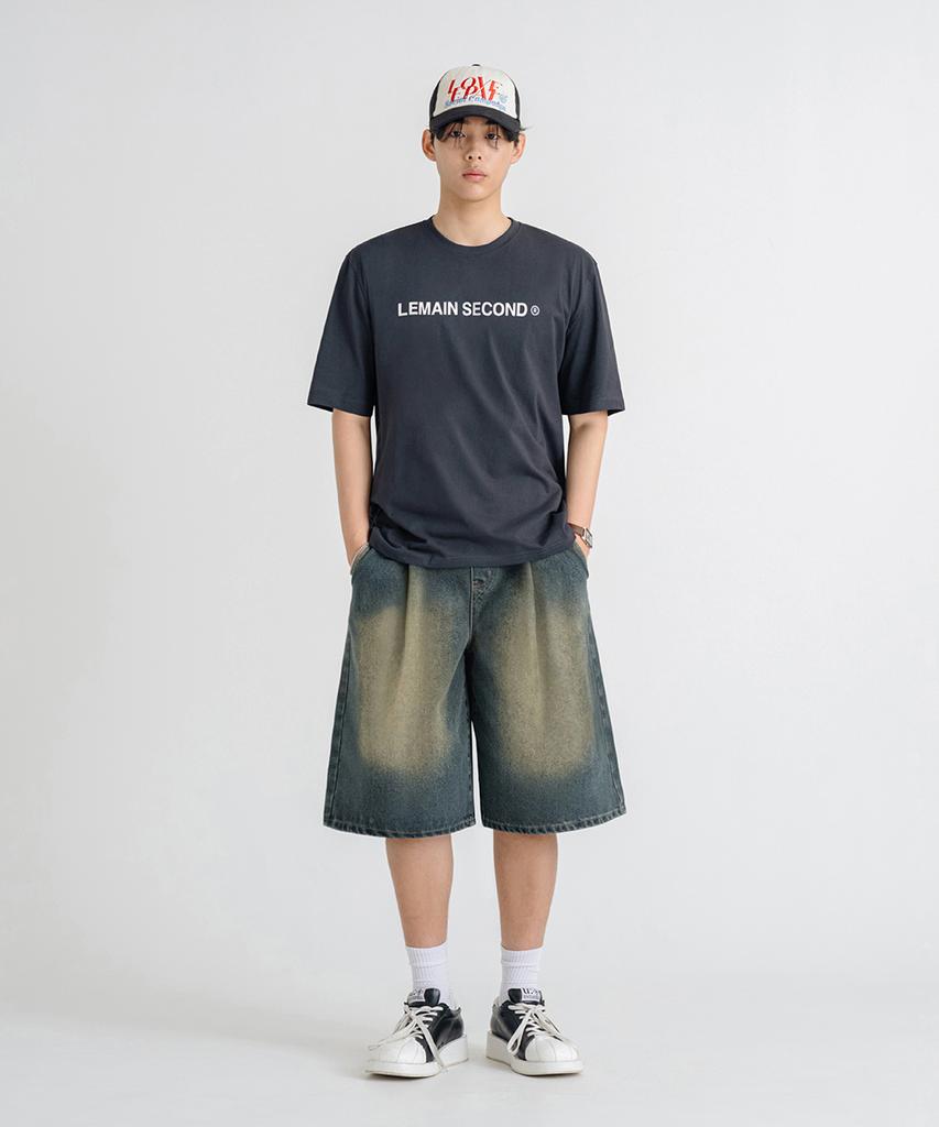 LEMAIN SECOND Bermuda Wide One-Pleat Denim Elastic Shorts [Sand Blue]