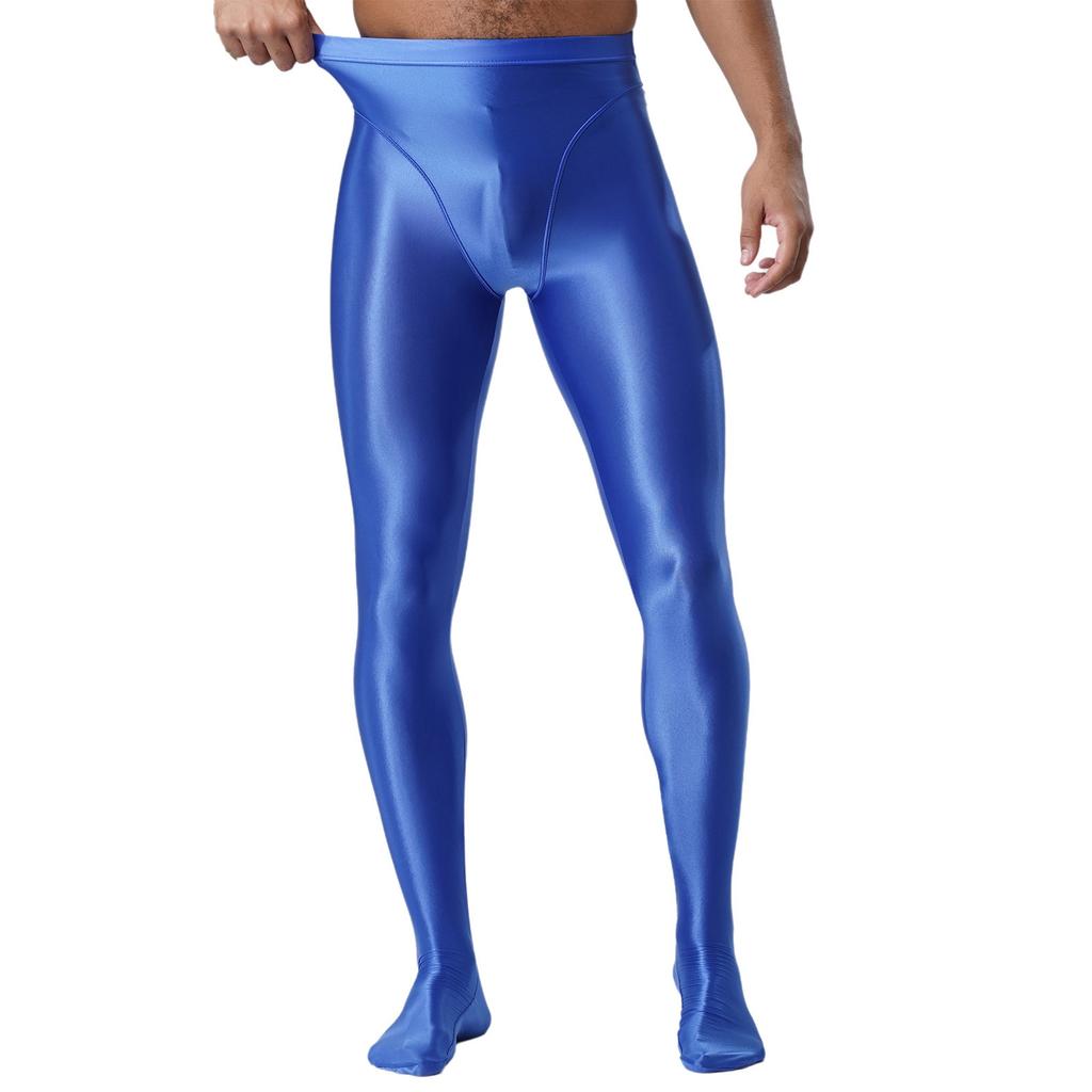 Męskie błyszczące legginsy o wyglądzie mokrej skóry Błyszczący elastyczny pas Wzór ze stopami Dopasowany krój Obcisłe spodnie-rajstopy