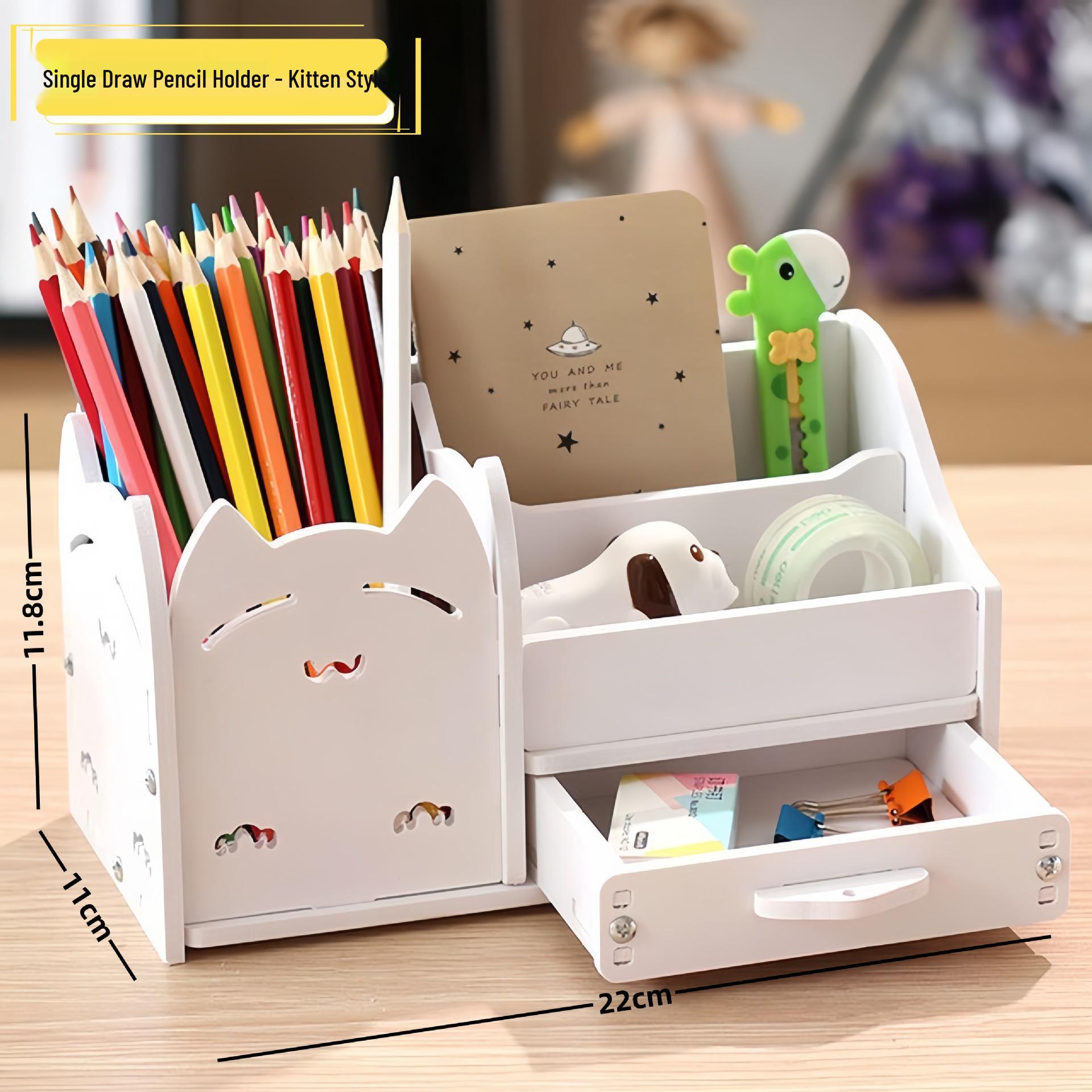 

Large Capacity Wooden Desktop Organizer with Angled Pen Holder and Drawer
