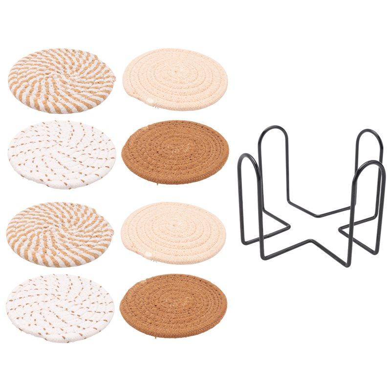 

Good-8 Pcs Drink Coasters With Holder, 4 Colors Absorbent Coasters For Drinks, Cotton Woven Coaster Set For Home Decor