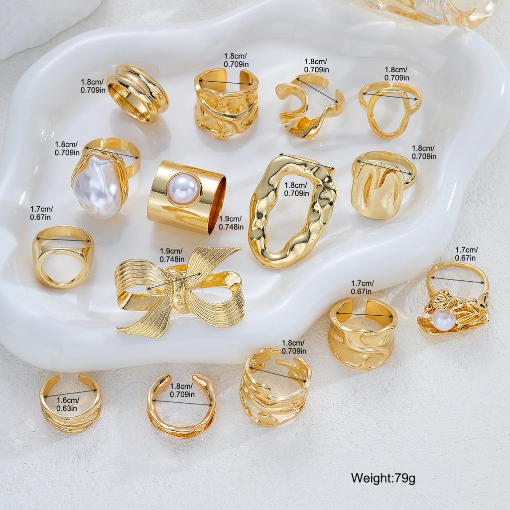 15Pcs Gold Color Bow Pearl Ring Set For Women Irregular Lava Texture Chunky Bow Knot Pearl Inlaid Finger Ring Trendy Jewelry New