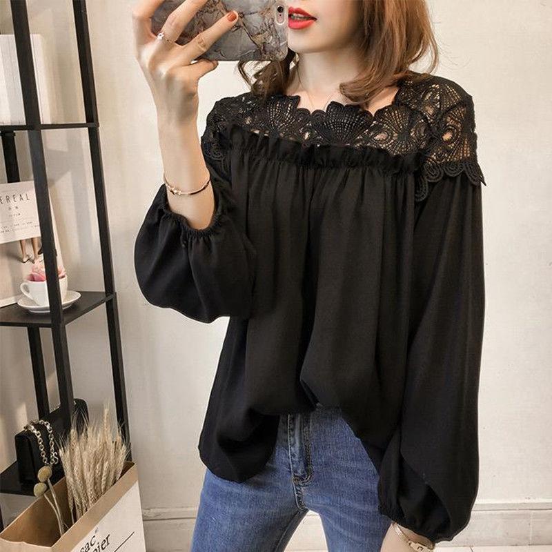 

Новая большая футболка с длинным рукавом, модный шифоновый топ с цветочным крючком и полым кружевом для женщин 4XL чёрный