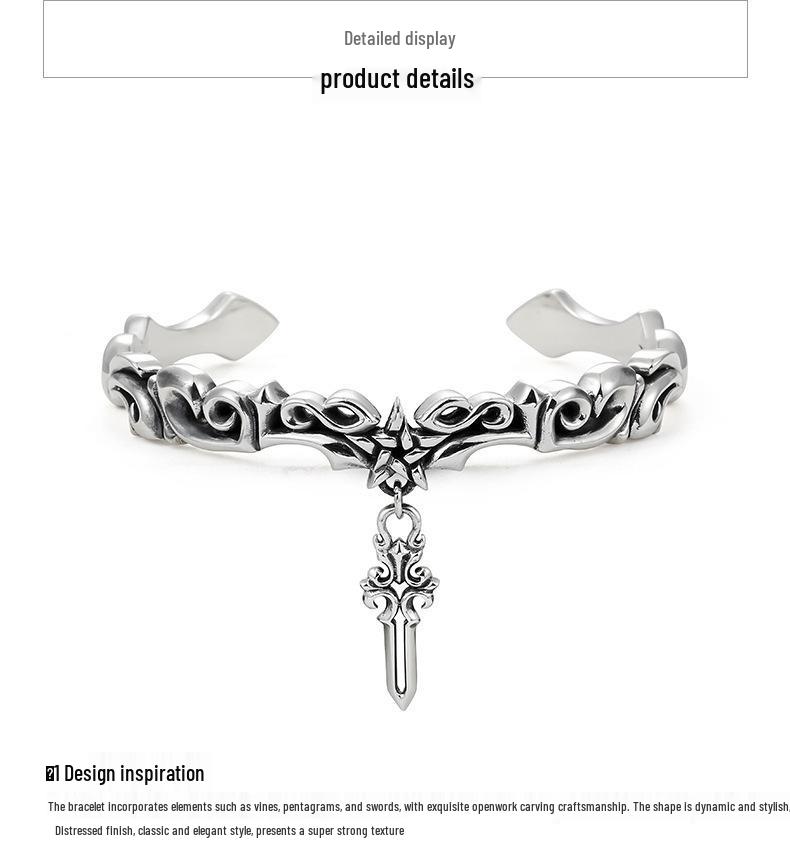 Korean S925 Silver Retro Vine Bracelet with Star Cross Pattern