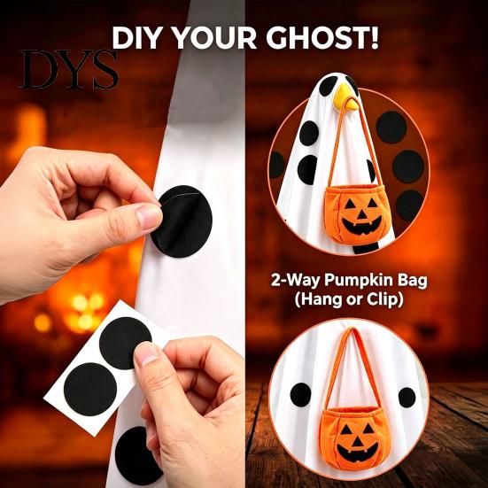 Spooky Cute Seasonal Decor Halloween Lighted Ghost Porch Goose Outfit And Flag Set for 23 Inch Statue, Clothes with Pumpkin Bucket Outdoor Patio Yard
