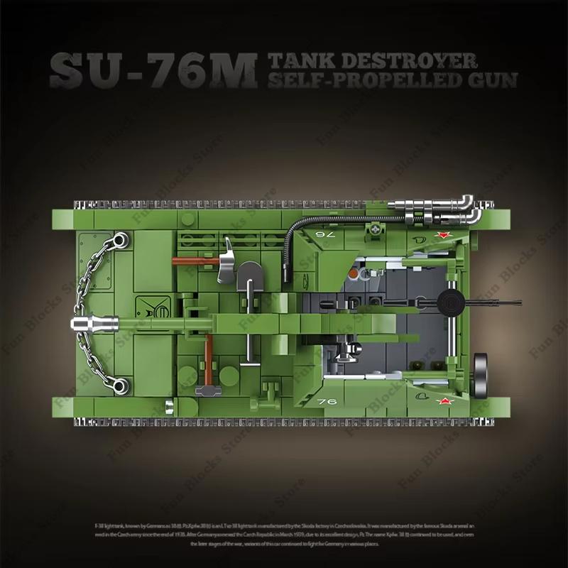 Military SU-76M Tank Destroyer Self-Propelled Artillery Building Blocks Classic Model Tracked Vehicle Army Figures Toy Kids Gift