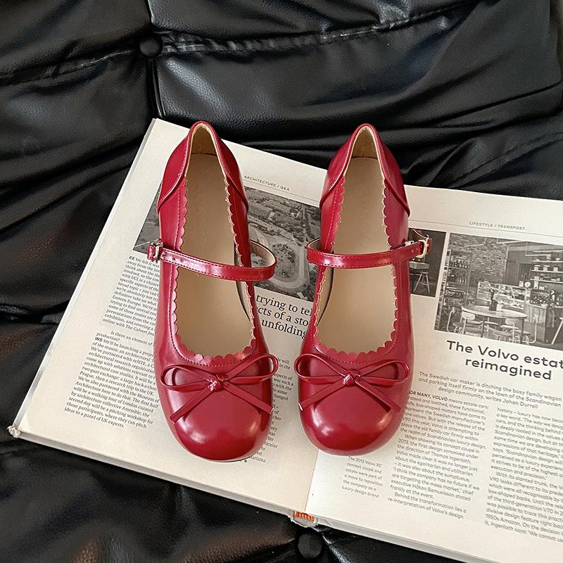 French bow thick heel Mary Jane single shoes summer one-button small leather shoes ballet women thick heel high heels