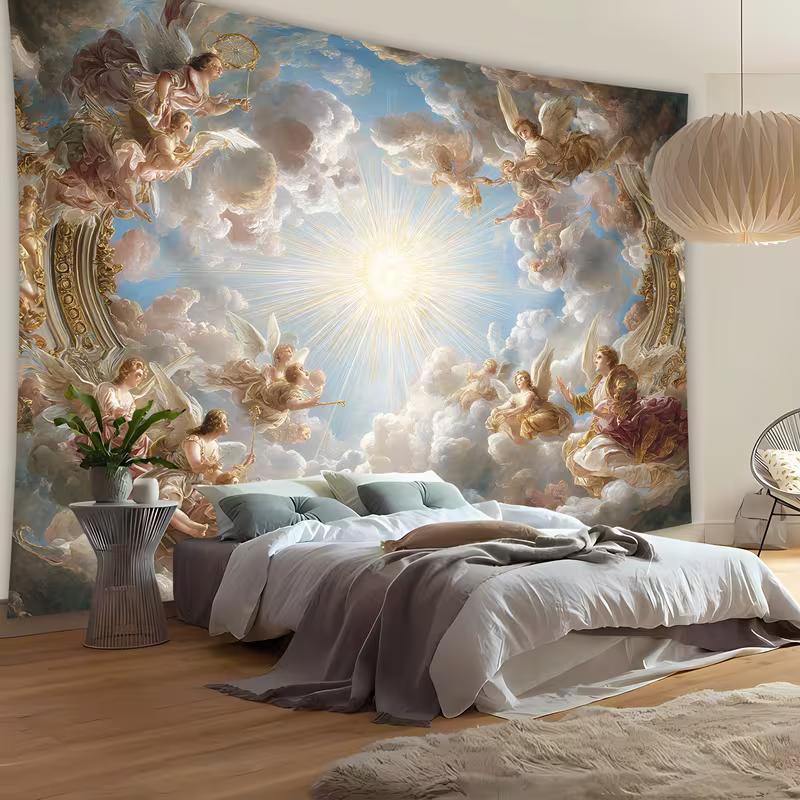 

2D Renaissance Angel Tapestry, Heaven Sky with Sun Light Bedroom Wall Decor 47.2x31.5inch/120*80cm