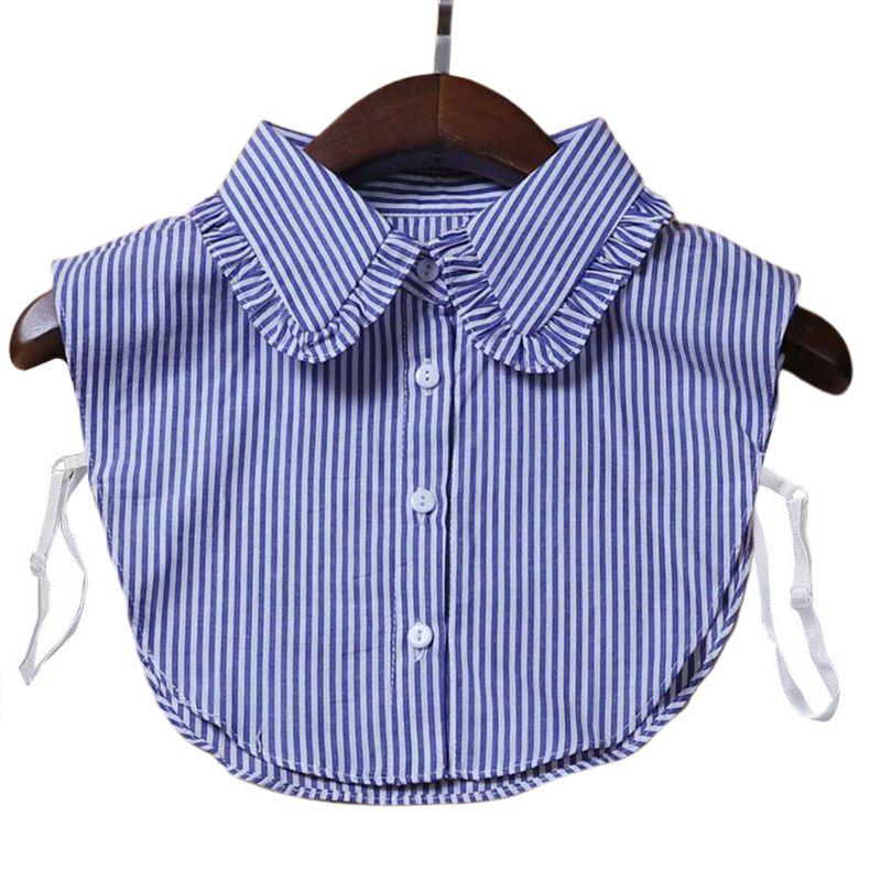Minimalist Stripes Denim Women Detachable Lapel Fake Collar Cute Doll Ruffles Lace Splicing Button Down False Half Shirt Blouse