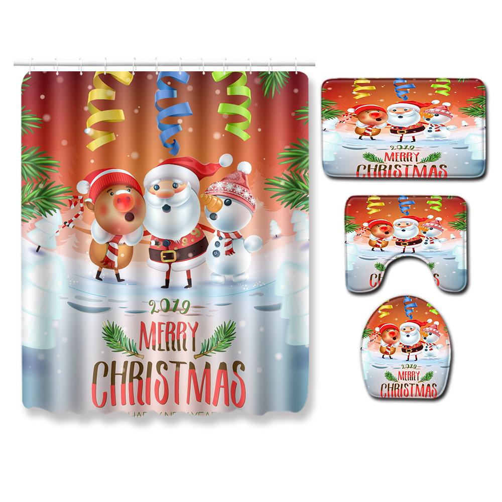 Christmas Bathroom Non-Slip Doormat Bathroom Waterproof Shower Curtain Toilet Floor Mat Four-Piece Shower Room Absorbent Carpet
