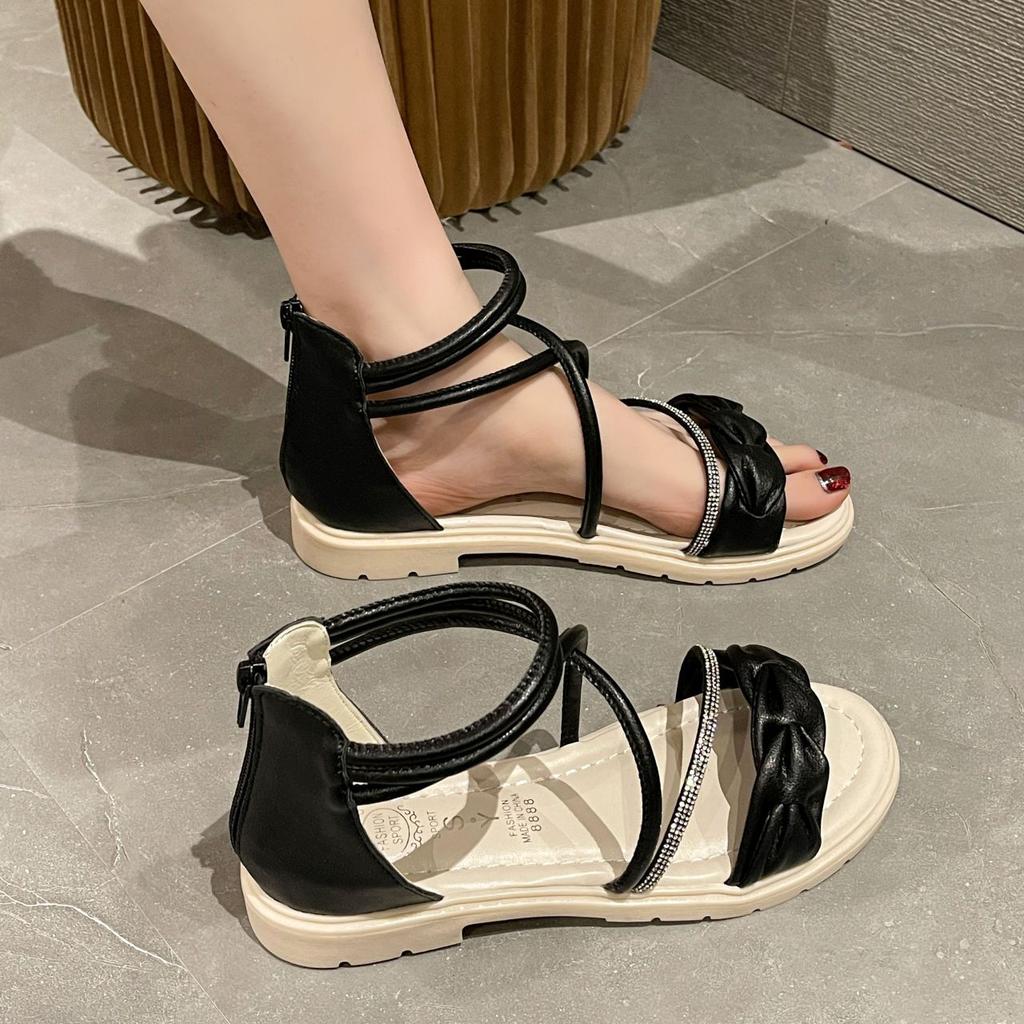 Diamond Ladies Shoes Strappy Black Flat Rubber Women's Sandals Roman Style Low Price Korea 2025 Luxury Sandal Summer Comfortable