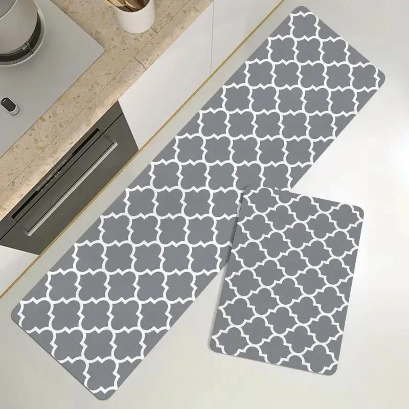 Kitchen Floor Mat PVC Leather Waterproof Non-slip Oil-proof Long Carpet Strip Plaid Stripe Home Decoration Foot Mats