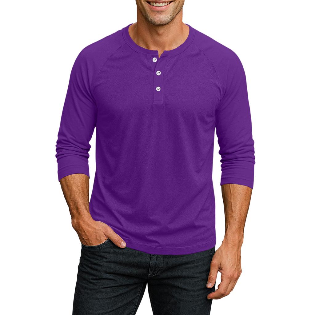 Men's Henley Neck Raglan Sleeve Three Quarter Length Shirt Button Placket Casual Lightweight Soft Fabric Top