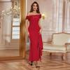 Party Evening Dresses Elegant Black Slash Neck Maxi Dress for Women Fashion Short Sleeve Bodycon Banquet Vestidos