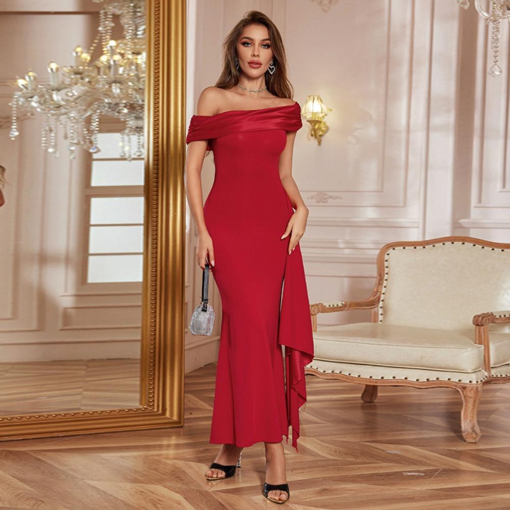 Party Evening Dresses Elegant Black Slash Neck Maxi Dress for Women Fashion Short Sleeve Bodycon Banquet Vestidos