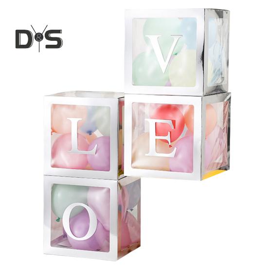 4 Stück Ballonbox zum Selbstzusammenbauen, transparente Papierbox, Ballonbox mit Buchstaben, wiederverwendbar, stapelbar, Würfel, dekorative Box für Party, Hochzeit, Geburtstag