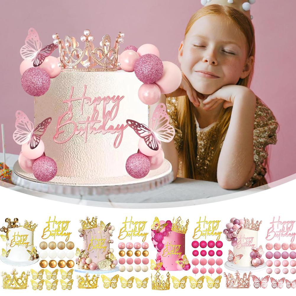 Princess Birthday Cake Decoration Set With Crown Topper Butterfly Cutouts Pink Gold Balls Birthday Cake Accessories For Girls