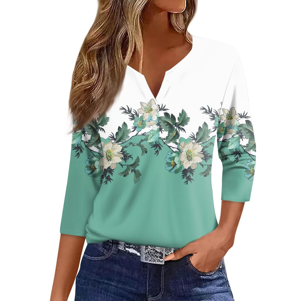 Women's Floral Print V,Neck Casual Three,Quarter Sleeve Button,Detail Top