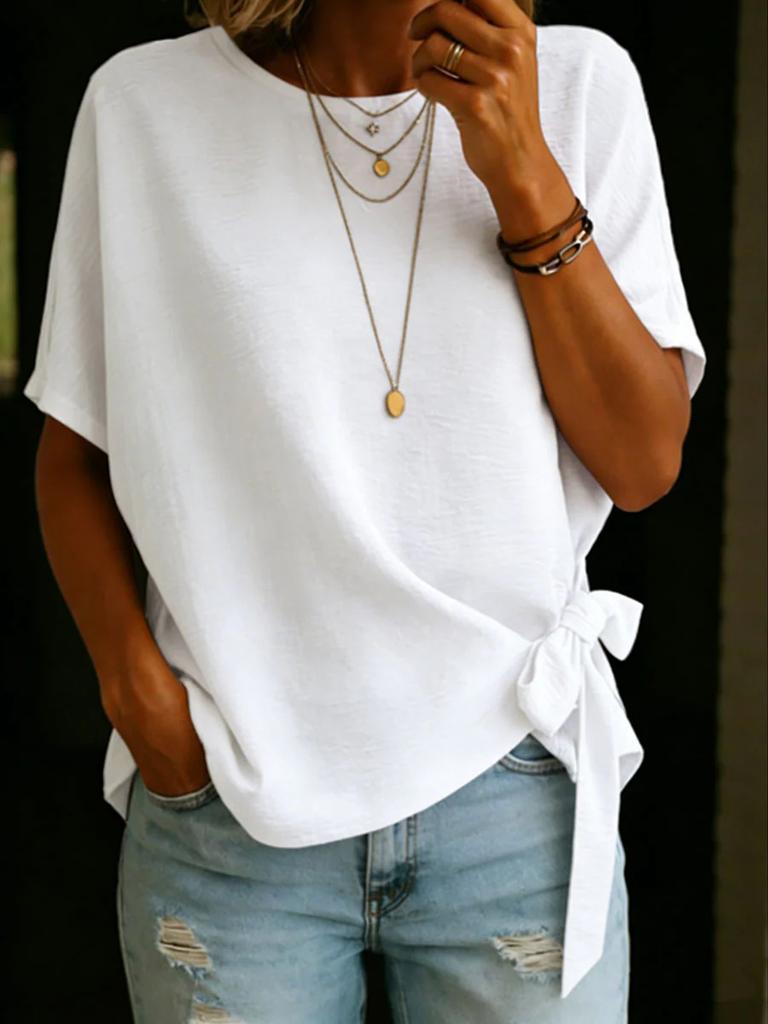 Women's Summer New Solid Color Short Sleeve Loose T-Shirt Top with Frill Hem