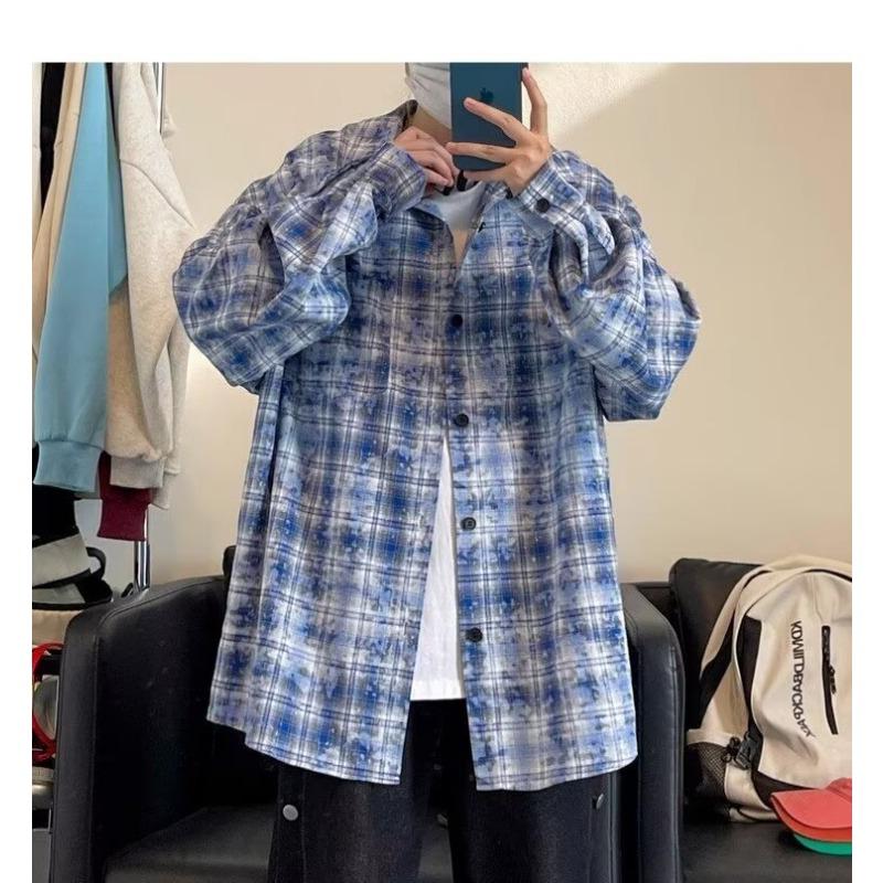 Spring and autumn high-end retro tie-dye plaid shirt men's long-sleeved versatile simple jacket