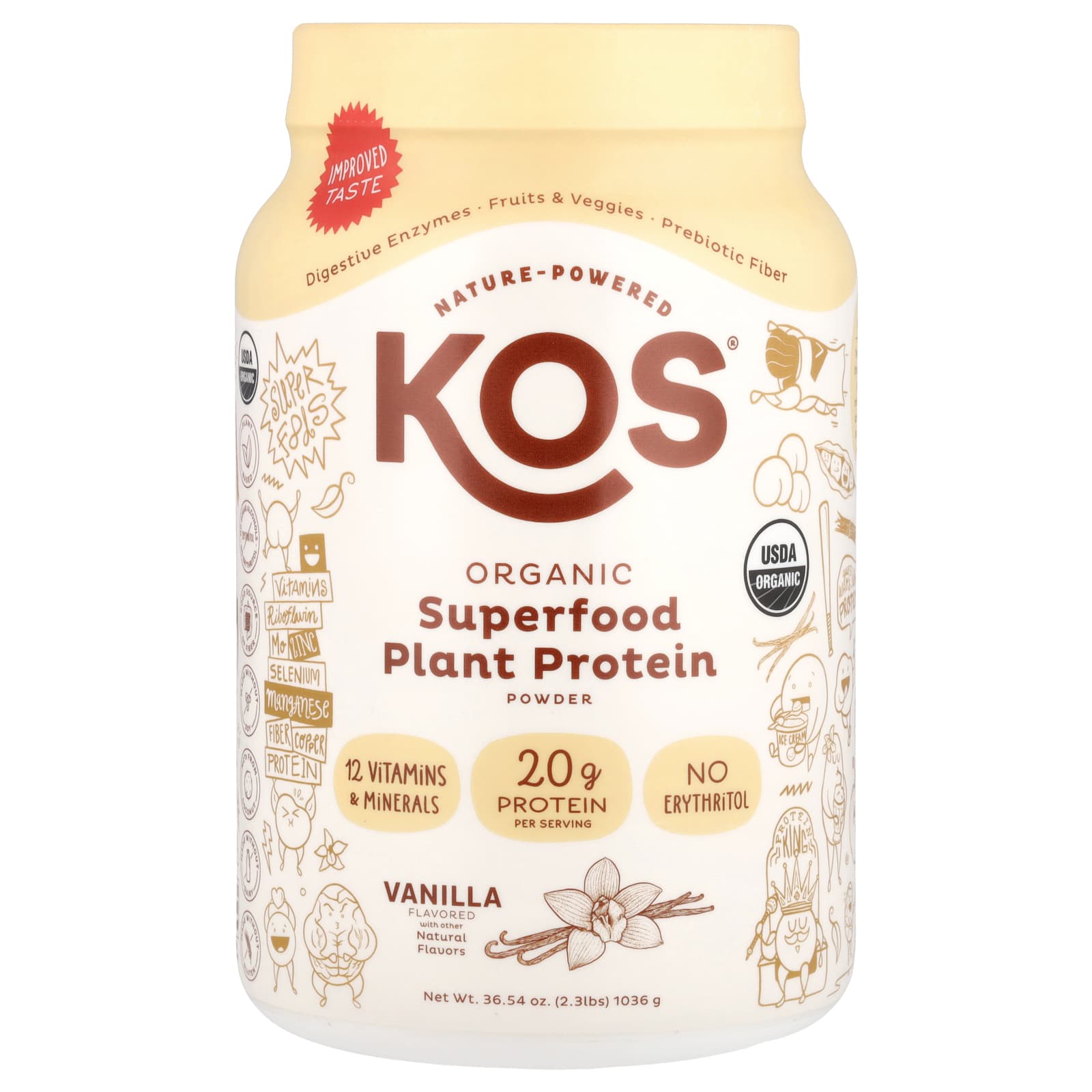 

KOS, Organic Superfood Plant-Based Protein Powder, Vanilla, 2.3 lb (1,036 g)