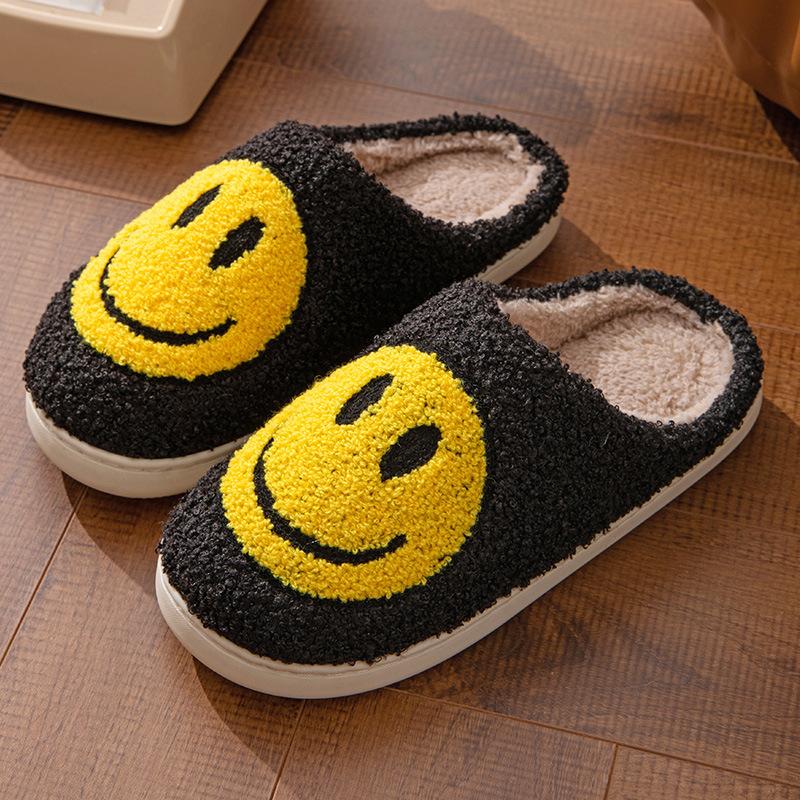 New Towel Embroidery Korean Version Autumn and Winter Indoor Home Wooden Floor TPR Sole Thickened Smiley Cotton Slippers