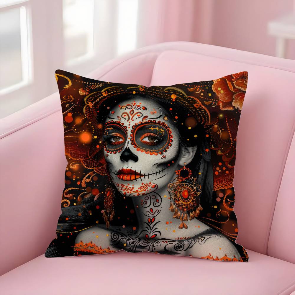 Poszewka na poduszkę Dziewczyna Cukrowa Czaszka Halloween Krótki plusz Dwustronny nadruk Kwadratowe poszewki na poduszki dekoracyjne Sofa Domowa Dekoracja poduszką