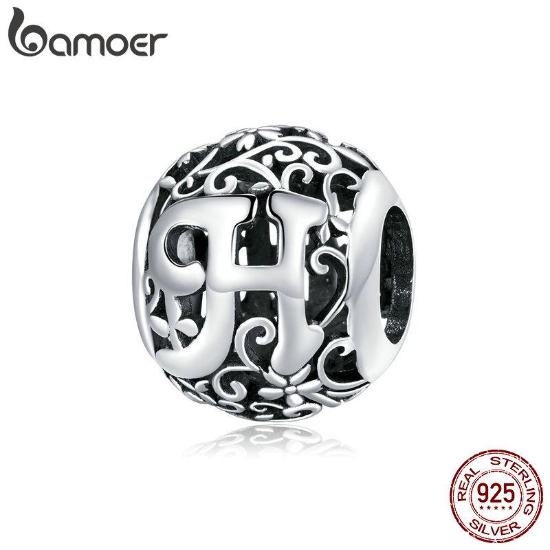 BAMOER 925 Silver Retro Letter Charms Hollowed Alphabet A-Z Round Beads for Women Bracelet DIY Jewelry Making