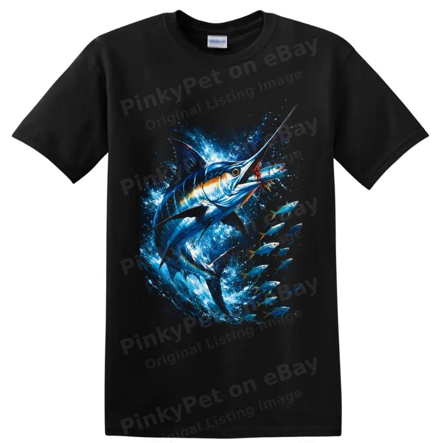 Blue Marlin T Shirt w/ Tuna School Ocean Predator Fishing Art Graphic Wild Tee
