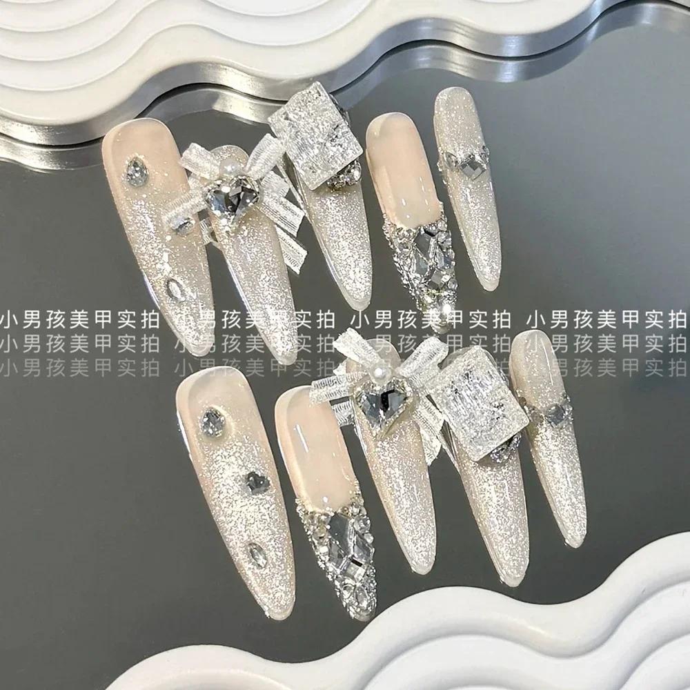 10Pcs Luxury Handmade Long Stiletto Press On Nails 3D Sparkling Diamond Bow Pearl Flower Full Cover Fake Nails