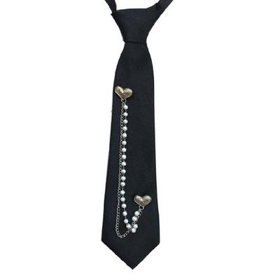 Harajuku Heart Faux Pearls Beads Chain Tie for School Event and Casual Dates Adjustable Pre Tied Black Necktie Neckwear